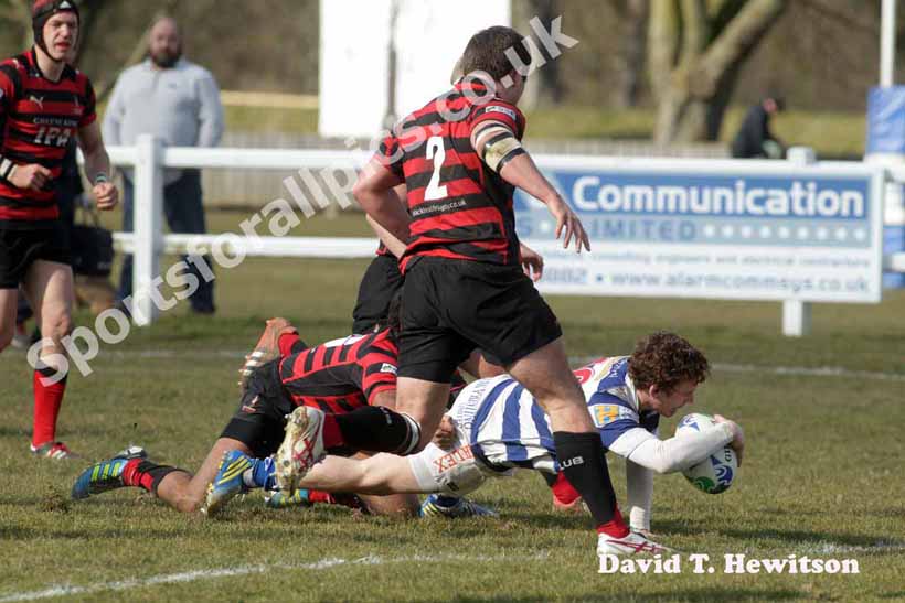Tynedale's Matthew Outson scores a try against Blackheath, National League Division 1, Tynedale Park, Corbridge, Northumberland.